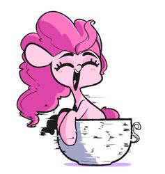 Size: 935x985 | Tagged: safe, artist:sourspot, pinkie pie, earth pony, pony, g4, blushing, cup, cute, diapinkes, eyes closed, female, mare, motion blur, open mouth, simple background, solo, teacup, white background
