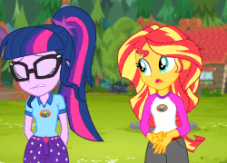 Size: 640x462 | Tagged: safe, screencap, sci-twi, sunset shimmer, twilight sparkle, equestria girls, g4, my little pony equestria girls: legend of everfree, animated, camp everfree outfits, female, gif