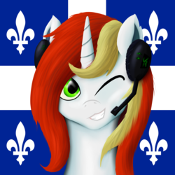 Size: 2000x2000 | Tagged: safe, artist:tunrae, oc, oc only, oc:qc, pony, unicorn, bust, canada, commission, headset, high res, lineless, looking at you, one eye closed, quebec, solo, wink
