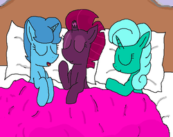 Size: 2687x2131 | Tagged: safe, artist:徐詩珮, fizzlepop berrytwist, glitter drops, spring rain, tempest shadow, pony, unicorn, g4, my little pony: the movie, bed, bedroom, cute, female, glitterbetes, high res, lesbian, mare, pillow, polyamory, ship:glittershadow, ship:springdrops, ship:springshadow, ship:springshadowdrops, shipping, sleeping, snoring, springbetes, tempestbetes