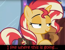 Size: 1544x1196 | Tagged: safe, edit, edited screencap, editor:leonidus, screencap, sunset shimmer, pony, unicorn, equestria girls, equestria girls specials, g4, my little pony equestria girls: mirror magic, bedroom eyes, book, cropped, dialogue, female, journal, mirror, portal, reaction image, smiling, smirk, solo, stupid sexy sunset shimmer, text