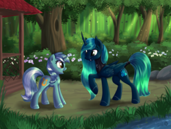 Size: 3000x2250 | Tagged: safe, artist:sirzi, oc, oc only, oc:falselyra, oc:princess perlen, alicorn, pony, unicorn, alicorn oc, colored hooves, fangs, female, forest, forest background, garden, grass, high res, mare, neck corset, not lyra, open mouth, open smile, raised hoof, river, smiling, tail wrap, tree, water