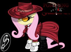 Size: 1041x767 | Tagged: artist needed, safe, fluttershy, pegasus, pony, g4, alucard, alushy, black background, clothes, cutie mark, goggles, grin, hat, hellsing, pentagram, simple background, smiling