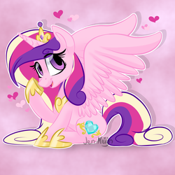 Size: 900x900 | Tagged: safe, artist:jen-neigh, princess cadance, alicorn, pony, g4, crown, cute, cutedance, female, heart, jewelry, mare, pink background, regalia, simple background, solo