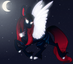 Size: 873x760 | Tagged: safe, artist:sararini, oc, oc only, oc:fayde, pegasus, pony, colored wings, female, flying, glowing eyes, mare, moon, night, solo
