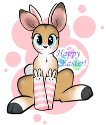 Size: 833x980 | Tagged: safe, artist:itsmeelement, oc, oc only, oc:cheyenne, deer, barely pony related, blushing, bunny ears, clothes, cute, deer oc, doe, easter, female, holiday, looking at you, ocbetes, sitting, socks, solo, striped socks, text