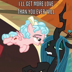 Size: 679x688 | Tagged: safe, edit, edited screencap, screencap, cozy glow, lord tirek, queen chrysalis, changeling, changeling queen, pegasus, pony, g4, the beginning of the end, caption, cropped, female, filly, image macro, text