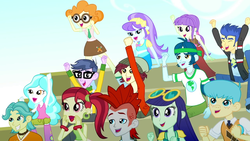Size: 1280x720 | Tagged: safe, screencap, aqua blossom, blueberry cake, bright idea, captain planet, crimson napalm, flash sentry, micro chips, normal norman, paisley, rose heart, scribble dee, starlight, equestria girls, g4, my little pony equestria girls: summertime shorts, steps of pep, background human, cheering, cute, female, male, scribblebetes