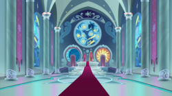 Size: 2100x1178 | Tagged: safe, screencap, fluttershy, spike, bird, goose, g4, sparkle's seven, animal, canterlot, canterlot castle, canterlot throne room, carpet, column, crown, hard-won helm of the sibling supreme, stained glass, throne room