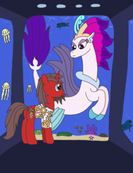 Size: 2531x3282 | Tagged: safe, artist:supahdonarudo, queen novo, oc, oc:ironyoshi, eel, fish, jellyfish, seapony (g4), starfish, unicorn, g4, my little pony: the movie, aquarium, clothes, coral, high res, looking at each other, rock, shirt