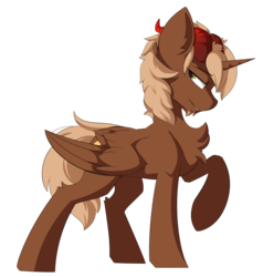 Size: 2812x2958 | Tagged: safe, artist:beardie, oc, oc only, alicorn, pony, alicorn oc, beard, brown coat, chest fluff, facial hair, folded wings, high res, horns, raised hoof, simple background, transparent background, wings