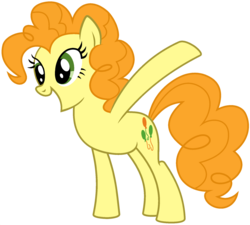 Size: 1920x1729 | Tagged: safe, edit, vector edit, carrot top, golden harvest, pinkie pie, earth pony, pony, ponyar fusion, g4, female, fusion, happy, mare, open mouth, palette swap, pinkie harvest, raised hoof, recolor, simple background, solo, transparent background, vector