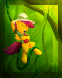 Size: 800x1000 | Tagged: safe, artist:klemm, scootaloo, pegasus, pony, g4, book, eyes closed, female, filly, hat, jungle, pith helmet, solo, swinging, vine