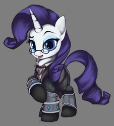 Size: 897x991 | Tagged: safe, artist:hitbass, part of a set, rarity, pony, unicorn, g4, clothes, fantasy class, female, glasses, glasses rarity, mare, raised eyebrow, raised hoof, simple background, smiling, solo