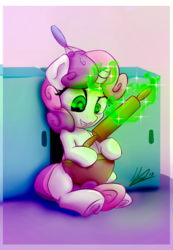 Size: 900x1300 | Tagged: safe, artist:klemm, sweetie belle, pony, unicorn, g4, cooking, female, filly, food, glowing horn, horn, levitation, magic, rolling pin, smiling, solo, sweetie belle can't cook, sweetie fail, telekinesis, this will end in fire, underhoof, whisk
