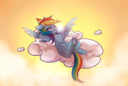 Size: 3031x2048 | Tagged: safe, artist:rikadiane, rainbow dash, pegasus, pony, g4, cloud, cloudy, eyes closed, female, frog (hoof), hat, high res, lying on a cloud, mare, party hat, signature, sky, solo, underhoof