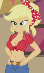 Size: 840x1380 | Tagged: safe, edit, edited screencap, editor:ah96, screencap, applejack, equestria girls, five to nine, g4, my little pony equestria girls: better together, belly button, big breasts, breast edit, breasts, busty applejack, cleavage, clothes, cropped, female, front knot midriff, hand on hip, jeans, lidded eyes, midriff, pants, sexy, show accurate, solo