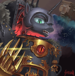 Size: 2061x2093 | Tagged: safe, artist:stellarcult, nightmare moon, alicorn, pony, g4, armor, bust, chaos, claws, crossover, helmet, high res, horus heresy, horus lupercal, power armor, slit pupils, warhammer (game), warhammer 30k, warhammer 40k