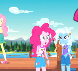 Size: 640x585 | Tagged: safe, screencap, fluttershy, pinkie pie, sci-twi, trixie, twilight sparkle, equestria girls, g4, my little pony equestria girls: legend of everfree, animated, camp everfree outfits, female, gif, pier