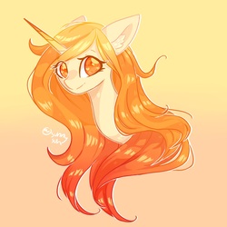 Size: 1200x1200 | Tagged: safe, artist:whitebeam, oc, oc only, pony, digital art, ear fluff, female, gradient background, looking at you, mare, orange hair, orange mane, signature, smiling, solo, wide eyes, wings, ych result