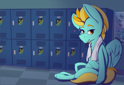 Size: 6650x4550 | Tagged: safe, artist:lula-moonarts, lightning dust, pegasus, pony, g4, absurd resolution, cloudsdale, female, locker room, looking at you, mare, sitting, smiling, solo, towel