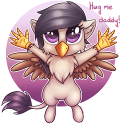 Size: 1643x1700 | Tagged: safe, artist:kruszynka25, oc, oc only, griffon, baby, cute, fluffy, griffon oc, looking up, please, simple background, solo, wings