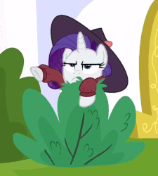 Size: 488x542 | Tagged: safe, screencap, rarity, pony, unicorn, g4, season 9, sparkle's seven, animated, bush, bushicorn, clothes, cropped, detective rarity, female, gif, hat, lurking, mare, perfect loop, serious, serious face, solo, waving