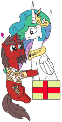 Size: 1168x2264 | Tagged: safe, artist:supahdonarudo, princess celestia, oc, oc:ironyoshi, pony, g4, box, clothes, excited, exclamation point, heart, holding, pony in a box, present, question mark, shirt, simple background, transparent background