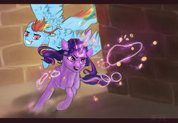 Size: 1024x708 | Tagged: safe, artist:falling-stars-1, rainbow dash, twilight sparkle, alicorn, pegasus, pony, g4, coin, jewelry, magic, necklace, twilight sparkle (alicorn)