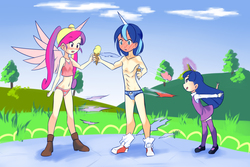 Size: 1650x1100 | Tagged: safe, artist:drantyno, princess cadance, shining armor, twilight sparkle, human, g4, assisted exposure, belly button, blue underwear, blushing, briefs, camisole, clothes, cutie mark underwear, embarrassed, embarrassed underwear exposure, exposed, female, food, horn, horned humanization, humanized, humiliation, ice cream, light skin, magic abuse, magic fail, male, panties, pink underwear, ship:shiningcadance, shipping, socks, spell gone wrong, spread wings, straight, stripped by magic, teen princess cadance, thigh highs, underwear, undressing, wardrobe malfunction, wingboner, winged humanization, wings, younger
