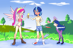 Size: 1650x1100 | Tagged: safe, artist:drantyno, princess cadance, shining armor, twilight sparkle, human, g4, :p, assisted exposure, belly button, blue underwear, blushing, boxers, camisole, clothes, cutie mark underwear, embarrassed, embarrassed underwear exposure, female, horn, horned humanization, humanized, humiliation, light skin, magic, magic abuse, magic fail, male, mary janes, open mouth, panties, partial nudity, pink underwear, ship:shiningcadance, shipping, shocked, smiling, socks, spell gone wrong, spread wings, straight, stripped by magic, teen princess cadance, thigh highs, tongue out, topless, torn clothes, underwear, undressing, wardrobe malfunction, wide eyes, winged humanization, wings, younger