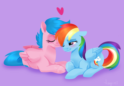Size: 1150x800 | Tagged: safe, artist:angexci, firefly, rainbow dash, pegasus, pony, g1, g4, female, heart, lesbian, mare, purple background, ship:dashfly, shipping, signature, simple background, wings