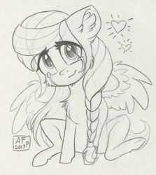Size: 2408x2700 | Tagged: safe, artist:airfly-pony, oc, oc only, oc:scarlett drop, pegasus, pony, rcf community, chibi, crying, female, high res, lineart, looking at you, mare, smiling, solo, traditional art