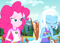 Size: 640x459 | Tagged: safe, screencap, pinkie pie, trixie, equestria girls, g4, my little pony equestria girls: legend of everfree, animated, camp everfree outfits, facepalm, female, gif