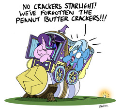 Size: 6782x6072 | Tagged: safe, artist:bobthedalek, starlight glimmer, trixie, pony, unicorn, g4, a grand day out, duo, facehoof, female, headphones, mare, rocket, simple background, that pony sure does love peanut butter crackers, toy interpretation, trixie's rocket, trixie's wagon, wallace and gromit, white background