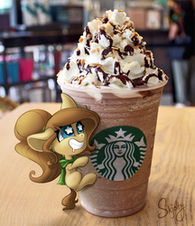 Size: 900x1040 | Tagged: safe, artist:skjolty, oc, oc:mocha latte, earth pony, pony, clothes, coffee, eyes on the prize, grin, hug, irl, micro, photo, ponies in real life, scarf, signature, smiling, starbucks, starry eyes, wingding eyes