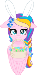Size: 1280x2532 | Tagged: safe, artist:pokeponyeq, ploomette, pony, g4, basket, bunny ears, bust, deviantart watermark, easter egg, female, mouth hold, obtrusive watermark, portrait, simple background, solo, transparent background, watermark
