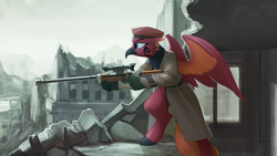 Size: 4445x2500 | Tagged: safe, artist:rublegun, oc, oc only, oc:arcus flamefeather, classical hippogriff, hippogriff, anthro, unguligrade anthro, fallout equestria, clothes, fanfic art, gun, hippogriff oc, rifle, ruins, scenery, sniper rifle, wasteland, weapon