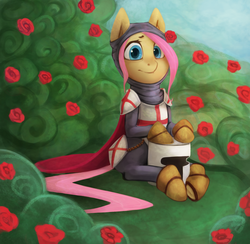 Size: 2000x1955 | Tagged: safe, artist:derpyrider, fluttershy, pony, g4, armor, crusader, fantasy class, female, flower, flutterknight, guardsmare, helmet, knight, looking at you, mare, paladin, rose, rose bush, royal guard, sitting, solo, three quarter view, unmasked, warrior