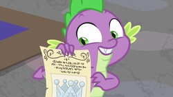 Size: 1280x720 | Tagged: safe, screencap, spike, dragon, g4, sparkle's seven, claws, crown, hard-won helm of the sibling supreme, jewelry, male, regalia, smiling, tail, winged spike, wings, written equestrian