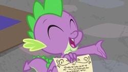 Size: 1280x716 | Tagged: safe, screencap, spike, dragon, g4, sparkle's seven, claws, cute, eyes closed, male, smiling, solo, spikabetes, tail, winged spike, wings, written equestrian