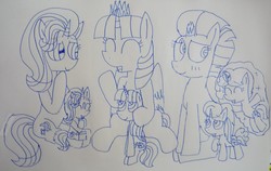 Size: 3896x2458 | Tagged: safe, artist:徐詩珮, fizzlepop berrytwist, starlight glimmer, tempest shadow, twilight sparkle, oc, oc:betty pop, oc:storm lightning, oc:sunny glimmer, oc:vesty sparkle, alicorn, pony, unicorn, g4, alicorn oc, broken horn, crown, female, filly, half-siblings, high res, horn, jewelry, lineart, magical lesbian spawn, mare, mother and daughter, next generation, offspring, parent:flash sentry, parent:glitter drops, parent:spring rain, parent:starlight glimmer, parent:sunburst, parent:tempest shadow, parent:twilight sparkle, parents:flashlight, parents:glittershadow, parents:springshadow, parents:starburst, regalia, siblings, sisters, traditional art, twilight sparkle (alicorn)