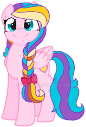 Size: 600x885 | Tagged: safe, artist:pokeponyeq, ploomette, pegasus, pony, g4, bow, braid, deviantart watermark, female, hair bow, mare, obtrusive watermark, simple background, smiling, solo, transparent background, watermark