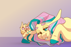 Size: 3000x2000 | Tagged: safe, artist:elf-hollow, fluttershy, oc, oc:astra, pony, g4, baby, baby pony, colored hooves, high res, magical lesbian spawn, nom, offspring, parent:fluttershy, parent:tree hugger, parents:flutterhugger, rainbow power