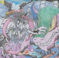 Size: 1544x1538 | Tagged: safe, artist:nephilim rider, cosmos, oc, oc:heaven lost, draconequus, g4, armor, chaos, fire, nephilim, traditional art, transformation