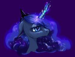 Size: 1265x963 | Tagged: safe, artist:roaert, princess luna, alicorn, pony, g4, bust, curved horn, female, horn, magic, mare, painting, portrait, solo