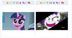 Size: 751x393 | Tagged: safe, screencap, rarity, twilight sparkle, alicorn, pony, derpibooru, sparkle's seven, crown, eye reflection, faic, hard-won helm of the sibling supreme, juxtaposition, looking at something, meta, narrowed eyes, pudding face, reflection, twilight sparkle (alicorn), wide eyes