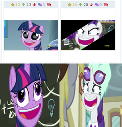Size: 751x786 | Tagged: safe, screencap, derpy hooves, rarity, twilight sparkle, alicorn, pony, derpibooru, best gift ever, sparkle's seven, chalkboard, comparison, crown, eye reflection, faic, hard-won helm of the sibling supreme, jewelry, juxtaposition, looking at something, meta, narrowed eyes, offscreen character, pudding face, reflection, regalia, twilight sparkle (alicorn), wide eyes, wrong aspect ratio