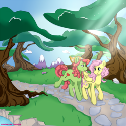 Size: 1500x1500 | Tagged: safe, artist:econcoction, fluttershy, tree hugger, pony, g4, earth day, female, forest, lesbian, ship:flutterhugger, shipping