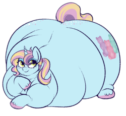 Size: 650x598 | Tagged: safe, artist:lulubell, oc, oc only, oc:gummy galore, pony, unicorn, belly, fat, female, freckles, huge butt, impossibly large belly, impossibly large butt, large butt, mare, morbidly obese, obese, simple background, smiling, solo, transparent background, wide hips